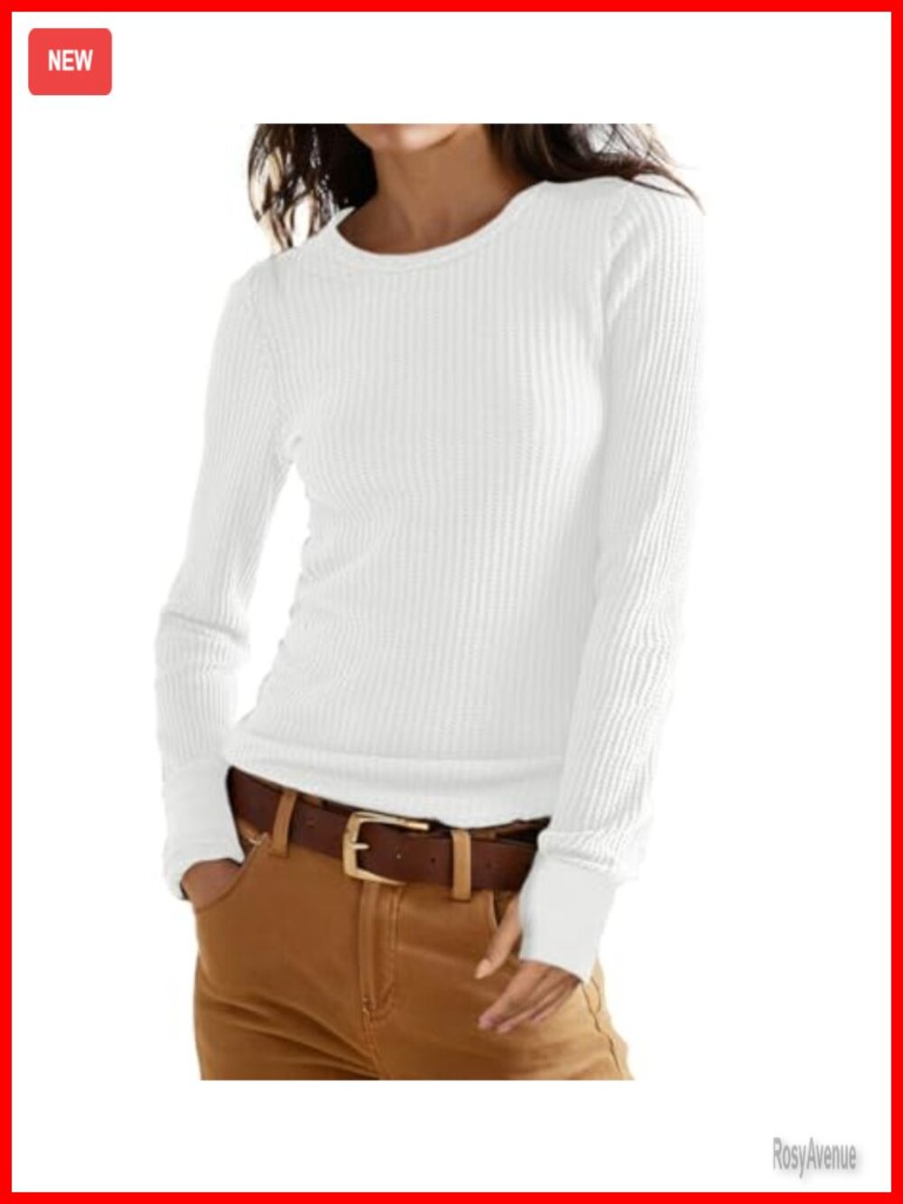 Waffle Knit Long Sleeve Top Crew Neck Thumbhole Slim Fit Pullover